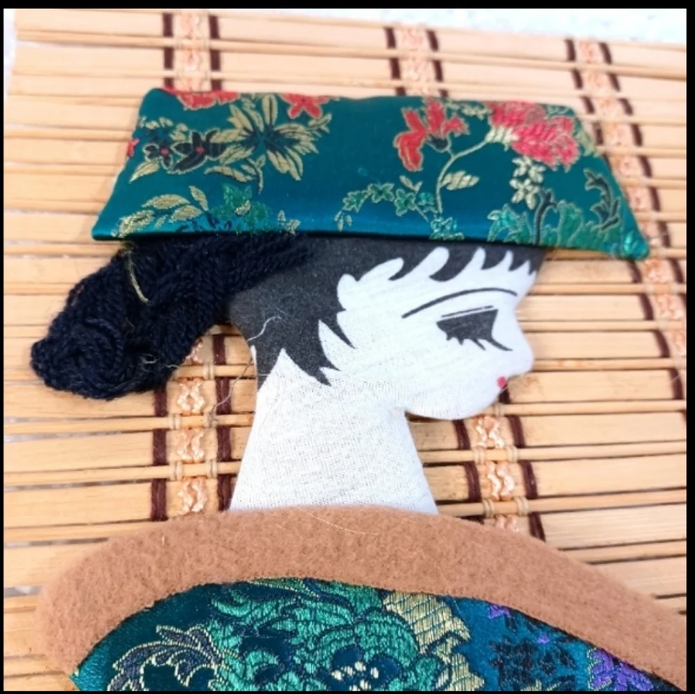 (2) Rare Vintage Bamboo Applique Geisha Girl Wall Scroll Set